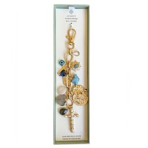 NIB Atterri Gold Bag Charm with Semi-Precious Stones and Fresh Water Pearls
